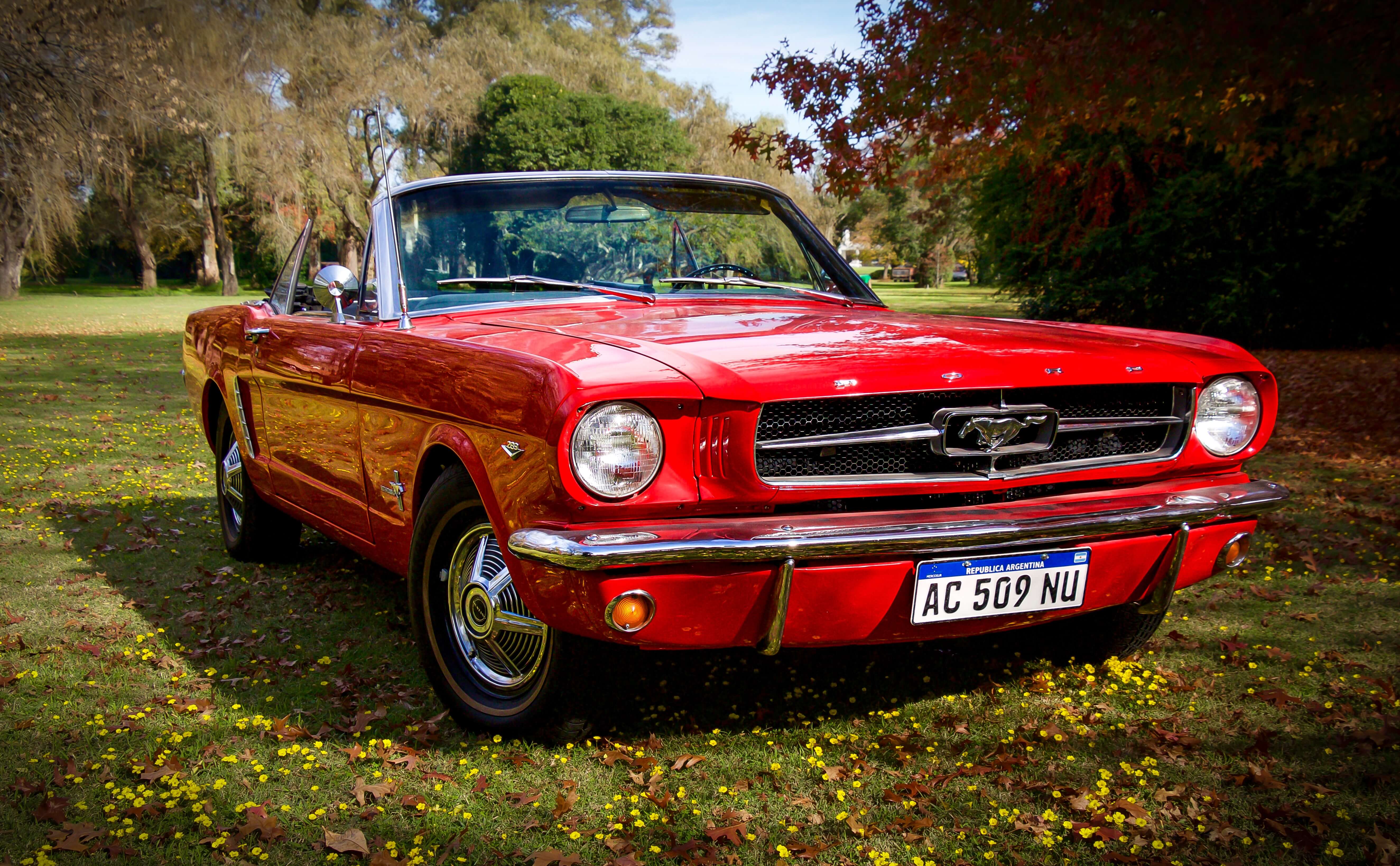 Una imagen que muestra un Mustang clásico de color rojo vibrante, un muscle car americano icónico, que destila potencia y elegancia con su elegante diseño y su atractivo atemporal.